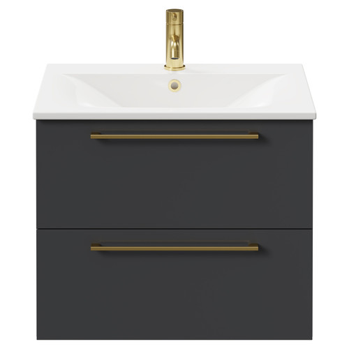 Napoli Gloss Grey 600mm Wall Mounted Vanity Unit with 1 Tap Hole Minimalist Basin and 2 Drawers with Brushed Brass Handles Front View