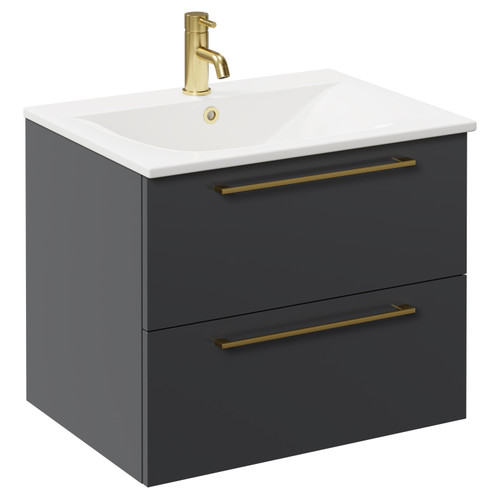 Napoli Gloss Grey 600mm Wall Mounted Vanity Unit with 1 Tap Hole Minimalist Basin and 2 Drawers with Brushed Brass Handles Left Hand View