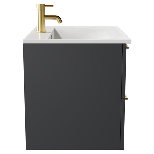 Napoli Gloss Grey 600mm Wall Mounted Vanity Unit with 1 Tap Hole Minimalist Basin and 2 Drawers with Brushed Brass Handles Side View