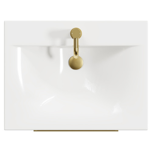 Napoli Gloss Grey 600mm Wall Mounted Vanity Unit with 1 Tap Hole Minimalist Basin and 2 Drawers with Brushed Brass Handles View from Top