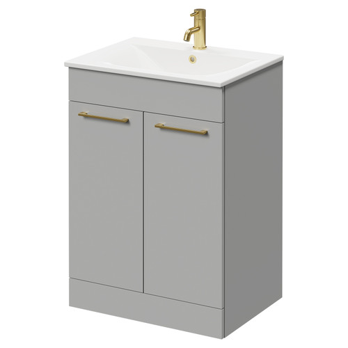 Napoli Gloss Grey Pearl 600mm Floor Standing Vanity Unit with 1 Tap Hole Minimalist Basin and 2 Doors with Brushed Brass Handles Right Hand View