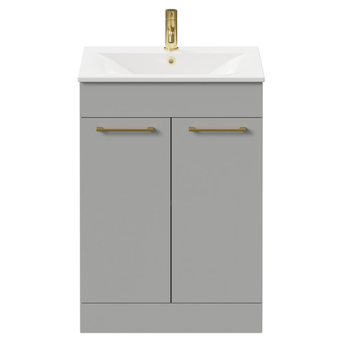 Napoli Gloss Grey Pearl 600mm Floor Standing Vanity Unit with 1 Tap Hole Minimalist Basin and 2 Doors with Brushed Brass Handles Front View