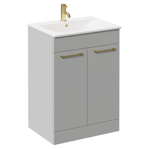 Napoli Gloss Grey Pearl 600mm Floor Standing Vanity Unit with 1 Tap Hole Minimalist Basin and 2 Doors with Brushed Brass Handles Left Hand View