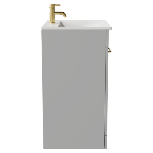Napoli Gloss Grey Pearl 600mm Floor Standing Vanity Unit with 1 Tap Hole Minimalist Basin and 2 Doors with Brushed Brass Handles Side View