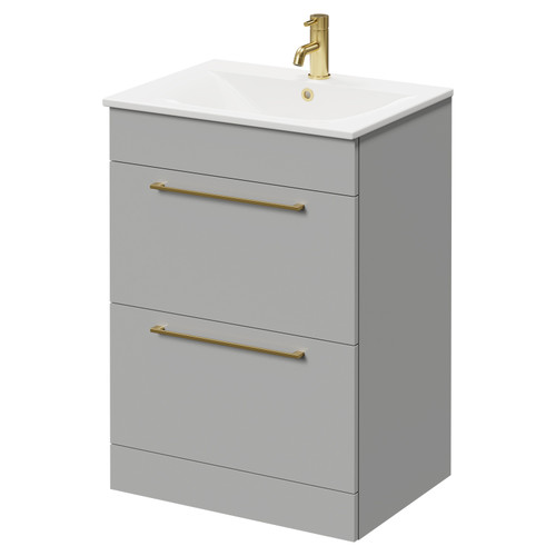 Napoli Gloss Grey Pearl 600mm Floor Standing Vanity Unit with 1 Tap Hole Minimalist Basin and 2 Drawers with Brushed Brass Handles Right Hand View