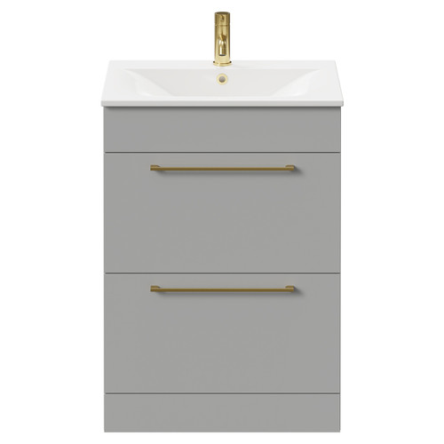 Napoli Gloss Grey Pearl 600mm Floor Standing Vanity Unit with 1 Tap Hole Minimalist Basin and 2 Drawers with Brushed Brass Handles Front View