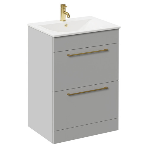 Napoli Gloss Grey Pearl 600mm Floor Standing Vanity Unit with 1 Tap Hole Minimalist Basin and 2 Drawers with Brushed Brass Handles Left Hand View