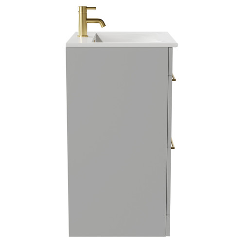 Napoli Gloss Grey Pearl 600mm Floor Standing Vanity Unit with 1 Tap Hole Minimalist Basin and 2 Drawers with Brushed Brass Handles Side View