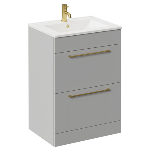Napoli Gloss Grey Pearl 600mm Floor Standing Vanity Unit with 1 Tap Hole Minimalist Basin and 2 Drawers with Brushed Brass Handles Left Hand View