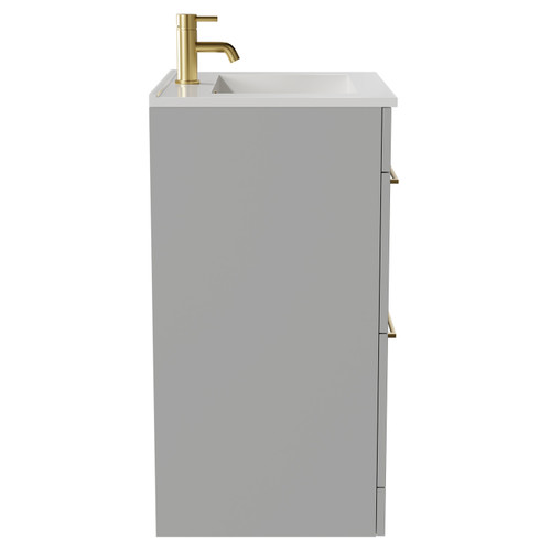 Napoli Gloss Grey Pearl 600mm Floor Standing Vanity Unit with 1 Tap Hole Minimalist Basin and 2 Drawers with Brushed Brass Handles View from Side