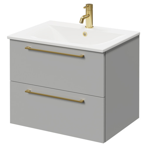 Napoli Gloss Grey Pearl 600mm Wall Mounted Vanity Unit with 1 Tap Hole Minimalist Basin and 2 Drawers with Brushed Brass Handles Right Hand View