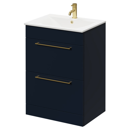 Napoli Deep Blue 600mm Floor Standing Vanity Unit with 1 Tap Hole Minimalist Basin and 2 Drawers with Brushed Brass Handles Right Hand View
