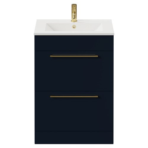 Napoli Deep Blue 600mm Floor Standing Vanity Unit with 1 Tap Hole Minimalist Basin and 2 Drawers with Brushed Brass Handles View from Front
