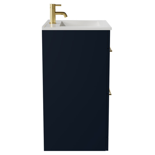 Napoli Deep Blue 600mm Floor Standing Vanity Unit with 1 Tap Hole Minimalist Basin and 2 Drawers with Brushed Brass Handles View from Side