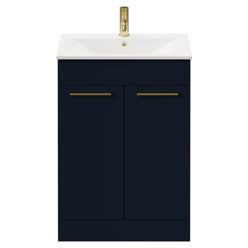 Napoli Deep Blue 600mm Floor Standing Vanity Unit with 1 Tap Hole Minimalist Basin and 2 Doors with Brushed Brass Handles Front View