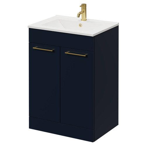 Napoli Deep Blue 600mm Floor Standing Vanity Unit with 1 Tap Hole Minimalist Basin and 2 Doors with Brushed Brass Handles Right Hand View