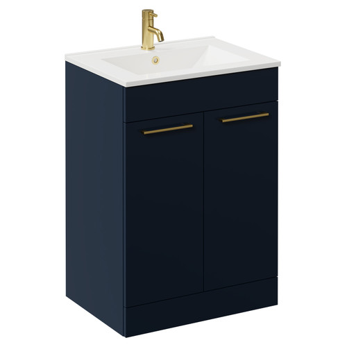 Napoli Deep Blue 600mm Floor Standing Vanity Unit with 1 Tap Hole Minimalist Basin and 2 Doors with Brushed Brass Handles Left Hand View