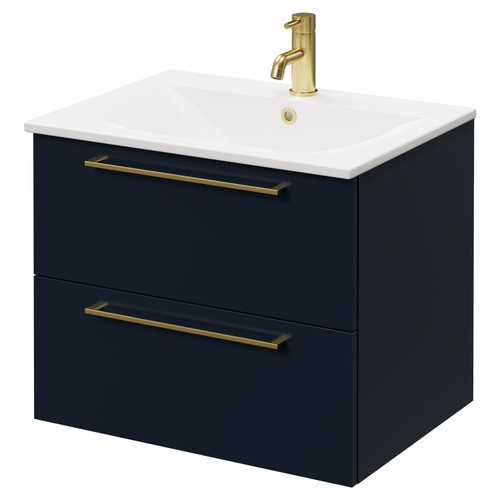 Napoli Deep Blue 600mm Wall Mounted Vanity Unit with 1 Tap Hole Minimalist Basin and 2 Drawers with Brushed Brass Handles Right Hand View