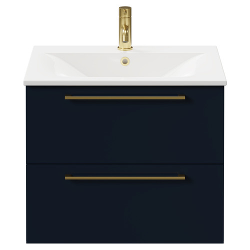 Napoli Deep Blue 600mm Wall Mounted Vanity Unit with 1 Tap Hole Minimalist Basin and 2 Drawers with Brushed Brass Handles Front View