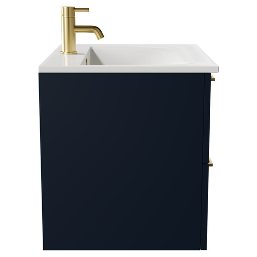 Napoli Deep Blue 600mm Wall Mounted Vanity Unit with 1 Tap Hole Minimalist Basin and 2 Drawers with Brushed Brass Handles Side View