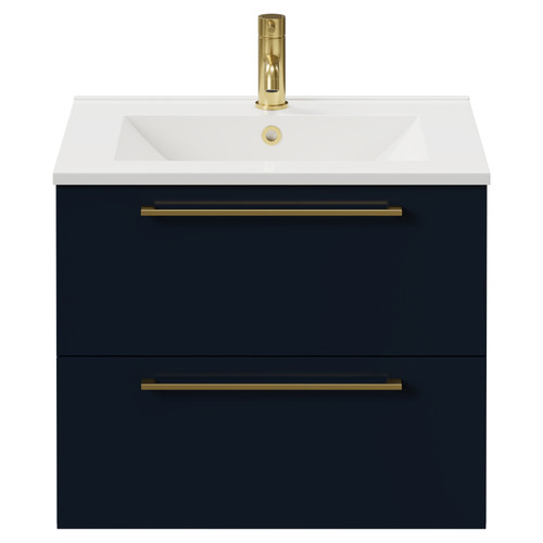 Napoli Deep Blue 600mm Wall Mounted Vanity Unit with 1 Tap Hole Minimalist Basin and 2 Drawers with Brushed Brass Handles View from Front