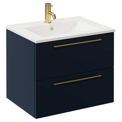 Napoli Deep Blue 600mm Wall Mounted Vanity Unit with 1 Tap Hole Minimalist Basin and 2 Drawers with Brushed Brass Handles Left Hand View