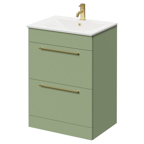Napoli Olive Green 600mm Floor Standing Vanity Unit with 1 Tap Hole Minimalist Basin and 2 Drawers with Brushed Brass Handles Right Hand View