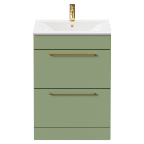 Napoli Olive Green 600mm Floor Standing Vanity Unit with 1 Tap Hole Minimalist Basin and 2 Drawers with Brushed Brass Handles Front View