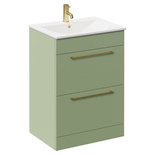 Napoli Olive Green 600mm Floor Standing Vanity Unit with 1 Tap Hole Minimalist Basin and 2 Drawers with Brushed Brass Handles Left Hand View