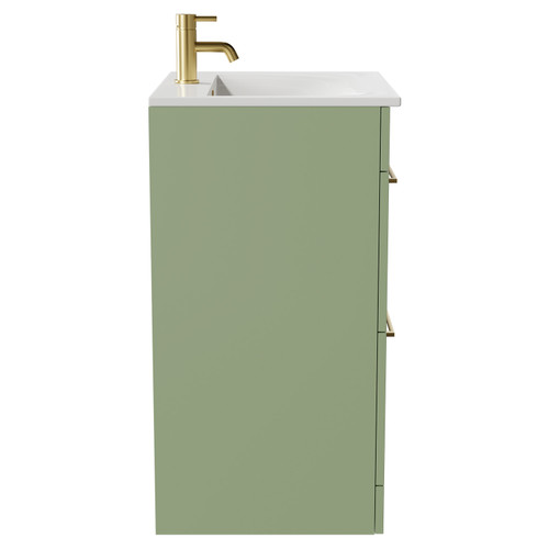 Napoli Olive Green 600mm Floor Standing Vanity Unit with 1 Tap Hole Minimalist Basin and 2 Drawers with Brushed Brass Handles Side View