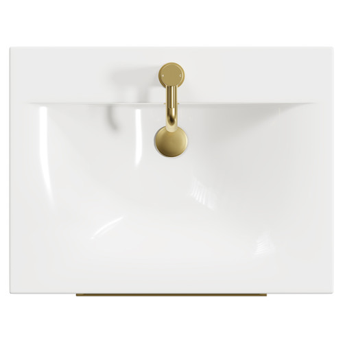 Napoli Olive Green 600mm Floor Standing Vanity Unit with 1 Tap Hole Minimalist Basin and 2 Drawers with Brushed Brass Handles View from Top