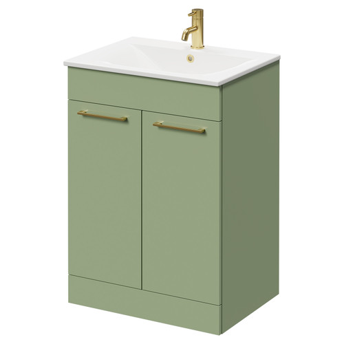 Napoli Olive Green 600mm Floor Standing Vanity Unit with 1 Tap Hole Minimalist Basin and 2 Doors with Brushed Brass Handles Right Hand View