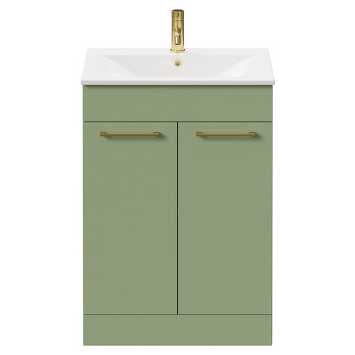Napoli Olive Green 600mm Floor Standing Vanity Unit with 1 Tap Hole Minimalist Basin and 2 Doors with Brushed Brass Handles Front View