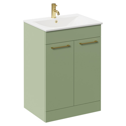 Napoli Olive Green 600mm Floor Standing Vanity Unit with 1 Tap Hole Minimalist Basin and 2 Doors with Brushed Brass Handles Left Hand View