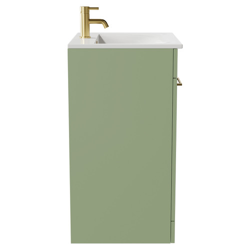 Napoli Olive Green 600mm Floor Standing Vanity Unit with 1 Tap Hole Minimalist Basin and 2 Doors with Brushed Brass Handles Side View