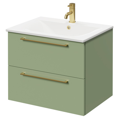 Napoli Olive Green 600mm Wall Mounted Vanity Unit with 1 Tap Hole Minimalist Basin and 2 Drawers with Brushed Brass Handles Right Hand View