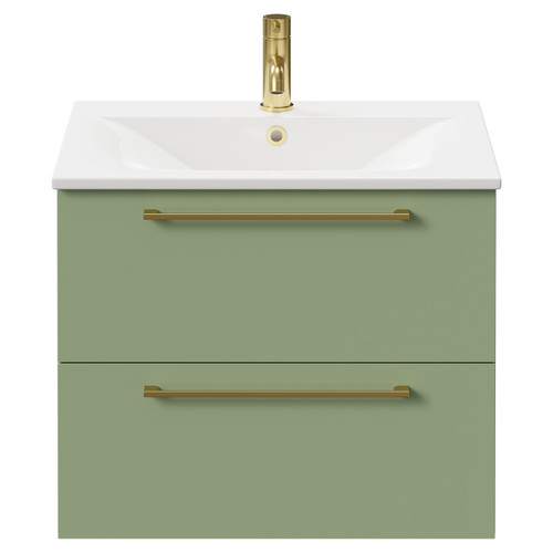 Napoli Olive Green 600mm Wall Mounted Vanity Unit with 1 Tap Hole Minimalist Basin and 2 Drawers with Brushed Brass Handles Front View
