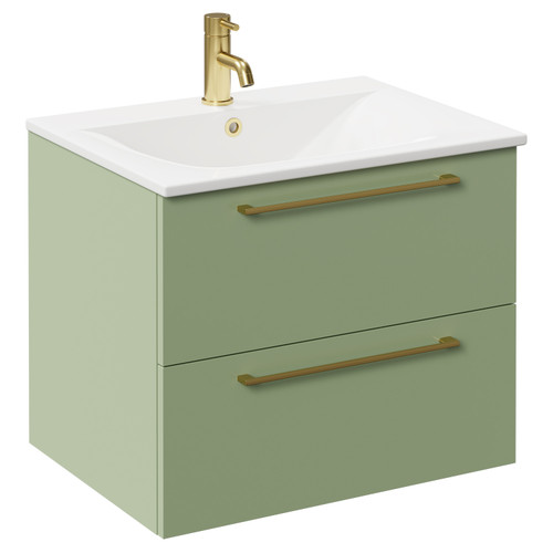 Napoli Olive Green 600mm Wall Mounted Vanity Unit with 1 Tap Hole Minimalist Basin and 2 Drawers with Brushed Brass Handles Left Hand View