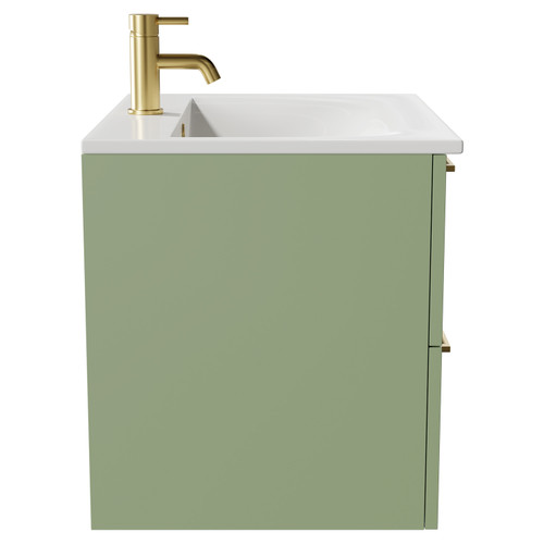 Napoli Olive Green 600mm Wall Mounted Vanity Unit with 1 Tap Hole Minimalist Basin and 2 Drawers with Brushed Brass Handles Side View