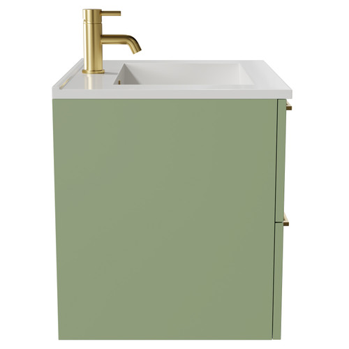 Napoli Olive Green 600mm Wall Mounted Vanity Unit with 1 Tap Hole Minimalist Basin and 2 Drawers with Brushed Brass Handles View from Side