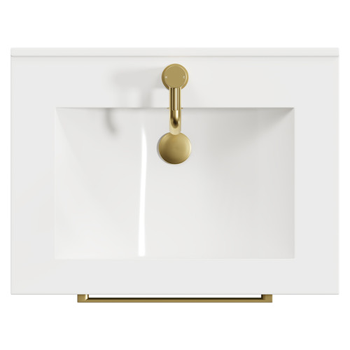 Napoli Olive Green 600mm Wall Mounted Vanity Unit with 1 Tap Hole Minimalist Basin and 2 Drawers with Brushed Brass Handles View from Top