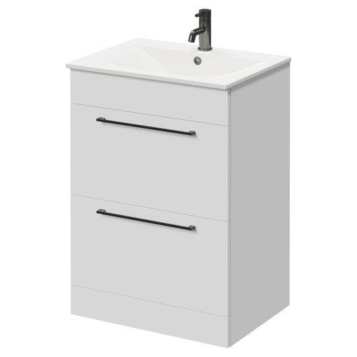 Napoli Gloss White 600mm Floor Standing Vanity Unit with 1 Tap Hole Minimalist Basin and 2 Drawers with Gunmetal Grey Handles Right Hand View