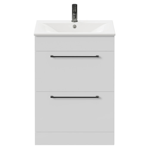 Napoli Gloss White 600mm Floor Standing Vanity Unit with 1 Tap Hole Minimalist Basin and 2 Drawers with Gunmetal Grey Handles Front View