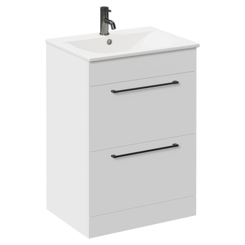 Napoli Gloss White 600mm Floor Standing Vanity Unit with 1 Tap Hole Minimalist Basin and 2 Drawers with Gunmetal Grey Handles Left Hand View