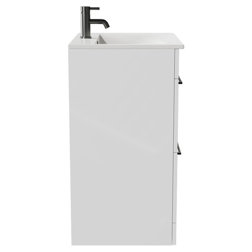 Napoli Gloss White 600mm Floor Standing Vanity Unit with 1 Tap Hole Minimalist Basin and 2 Drawers with Gunmetal Grey Handles Side View
