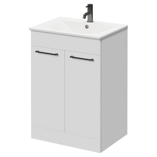 Napoli Gloss White 600mm Floor Standing Vanity Unit with 1 Tap Hole Minimalist Basin and 2 Doors with Gunmetal Grey Handles Right Hand View
