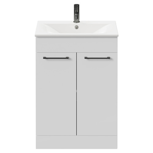 Napoli Gloss White 600mm Floor Standing Vanity Unit with 1 Tap Hole Minimalist Basin and 2 Doors with Gunmetal Grey Handles Front View