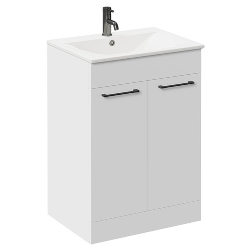 Napoli Gloss White 600mm Floor Standing Vanity Unit with 1 Tap Hole Minimalist Basin and 2 Doors with Gunmetal Grey Handles Left Hand View