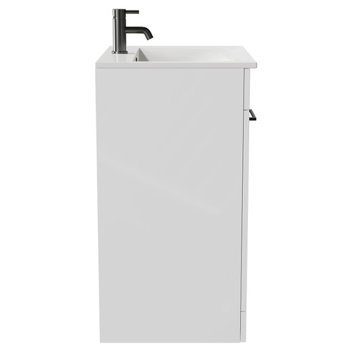 Napoli Gloss White 600mm Floor Standing Vanity Unit with 1 Tap Hole Minimalist Basin and 2 Doors with Gunmetal Grey Handles Side View