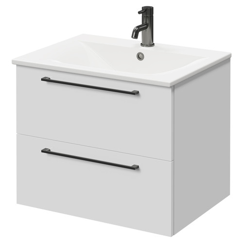 Napoli Gloss White 600mm Wall Mounted Vanity Unit with 1 Tap Hole Minimalist Basin and 2 Drawers with Gunmetal Grey Handles Right Hand View